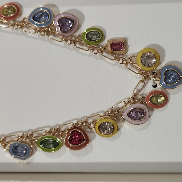 🌈🔹️Persimmon🔹️ colorful pastel gold charm glass stone 16" brass necklace - Picture 2 of 4